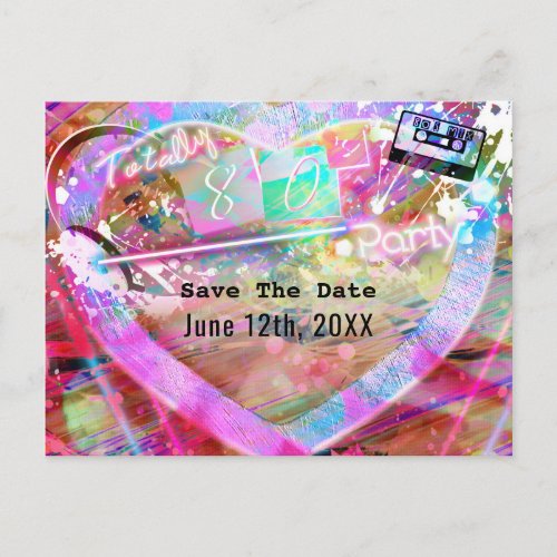 Totally 80s Bright Fun Heart Party Save the Date Announcement Postcard