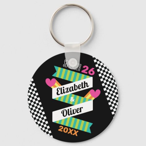 Totally 80s Stripes and Hearts Wedding Keychain