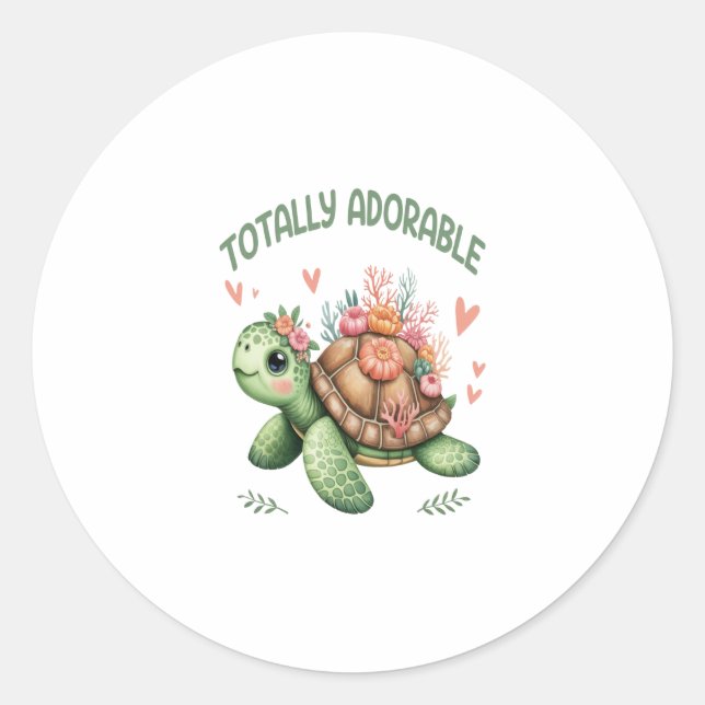 Totally Adorable Turtle with Coral Classic Round Sticker (Front)
