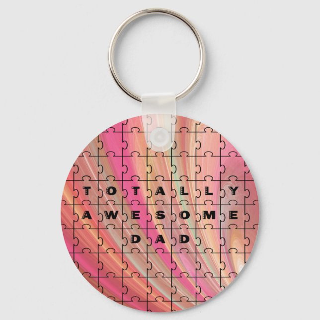 Totally Awesome Dad Puzzle Text Pink/Brown Pattern Keychain (Front)