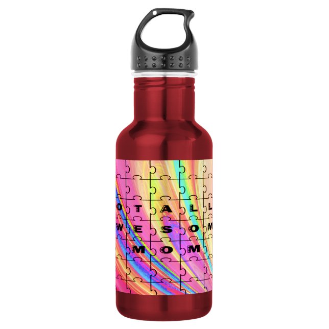 Totally Awesome Mom  Pink Swirl Puzzle Design Water Bottle (Front)