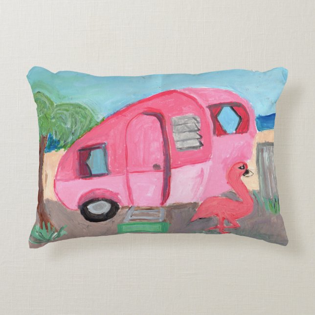 Totally Cute Pink Fifties Beach Trailer Accent Pillow (Front)