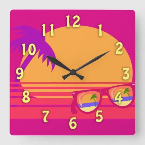 Totally Eighties Awesome Neon Sunset Square Wall Clock