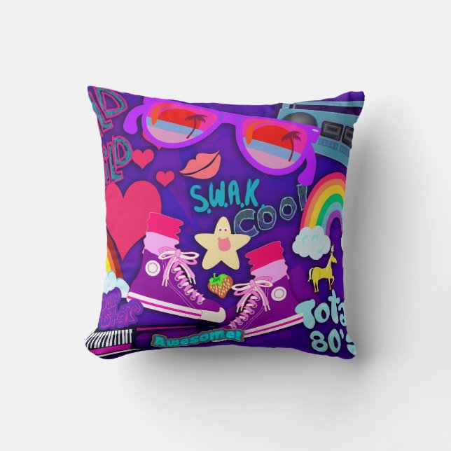Totally Eighties Purple Collage Throw Pillow (Front)