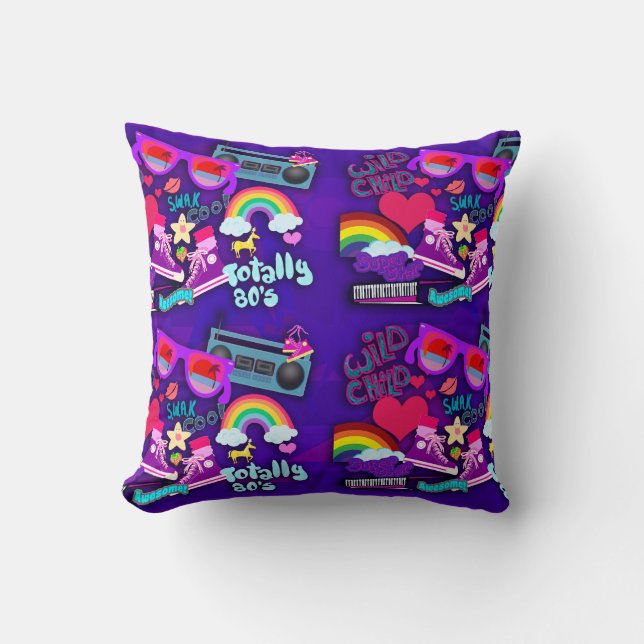 Totally Eighties Purple Collage Throw Pillow (Front)