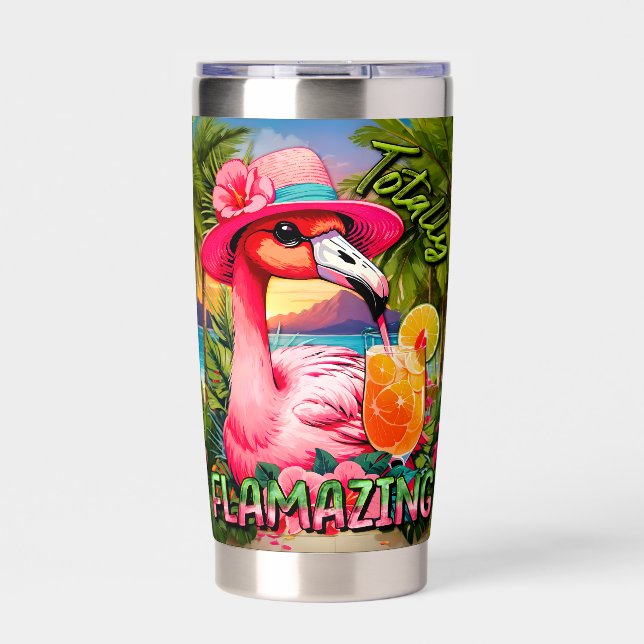 Totally Flamazing Pink Flamingo Beach Drink Insulated Tumbler (Front)