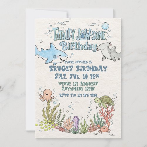 Totally Jaw-Some Happy Shark Illustrated Birthday Invitation