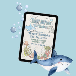 Totally Jaw-Some Happy Shark Illustrated Birthday Invitation