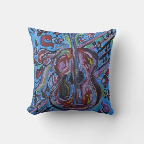 Totally Jazzy Blue Abstract Guitar Folk Art Throw Pillow