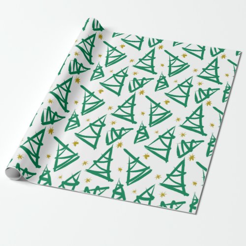 Totally modern ink drawing Christmas trees  green Wrapping Paper