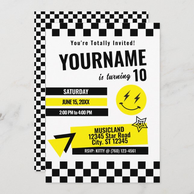 Totally Retro Birthday Invitation (Yellow) (Front/Back)