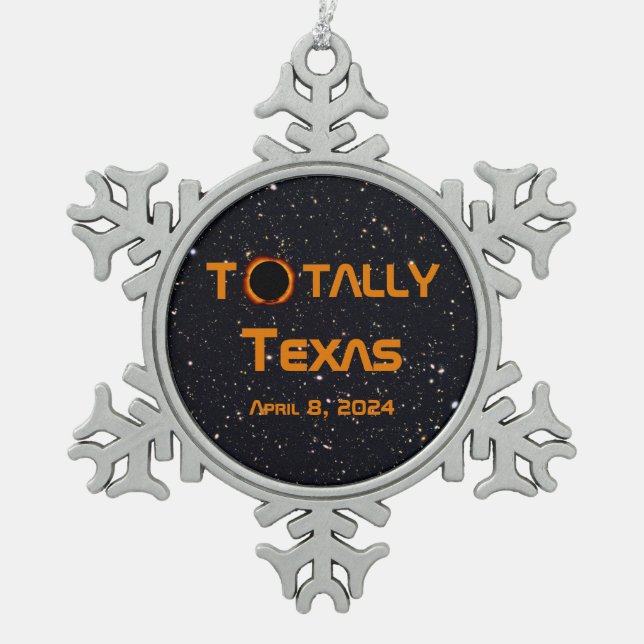 Totally Texas 2024 Solar Eclipse Snowflake Pewter Christmas Ornament (Front)