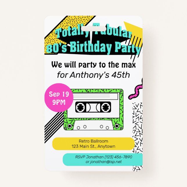 Totally Tubular 80's Birthday Party Badge (Front)