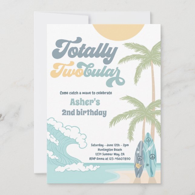 Totally Twobular Retro Surf Beach 2nd Birthday Invitation (Front)