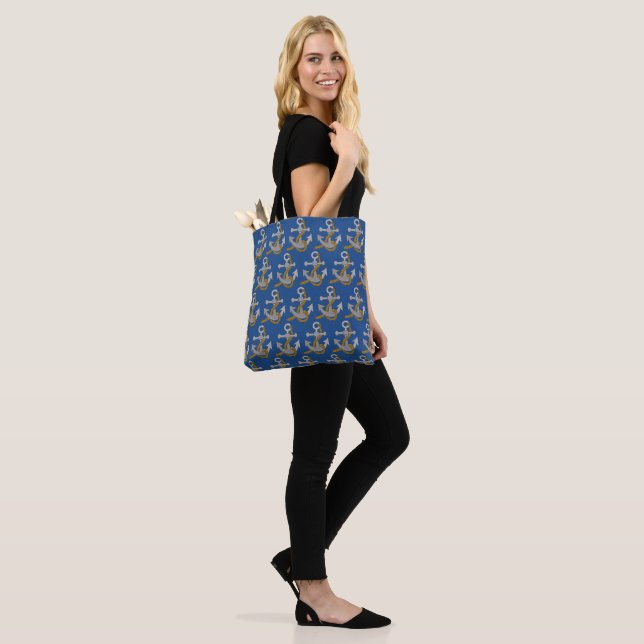Tote Bag (ao) - Anchors on Dark Blue (On Model)