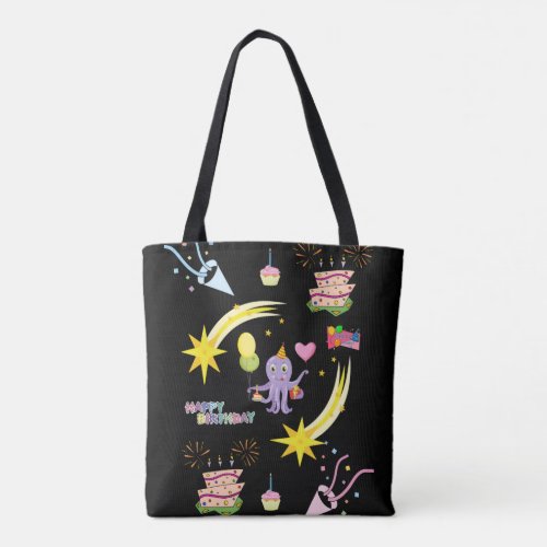 Tote Bag, Black Purple Octopus Happy Birthday  Bag