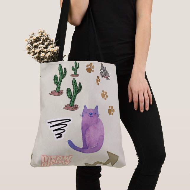 Tote Bag Cat Fish Cactus Paws Meow (Close Up)