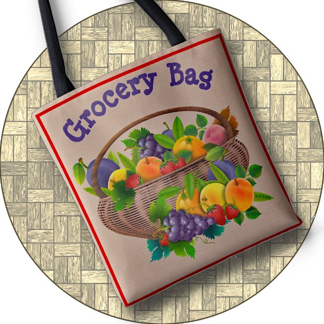 TOTE BAG - Colorful Basket of Fruit #2 - 2-sided (A great Tote Bag for groceries or anything else. Available in 3 sizes. Text can be modified.)