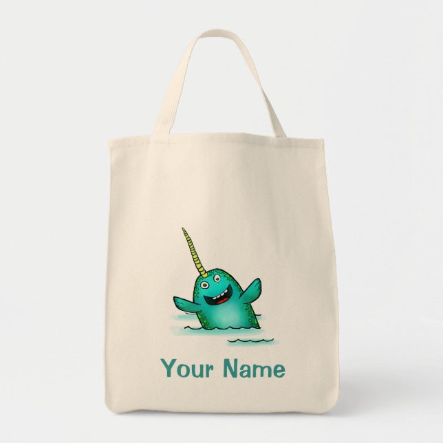 Tote Bag, Cute Narwhal Cartoon, Use Your Name! (Front)