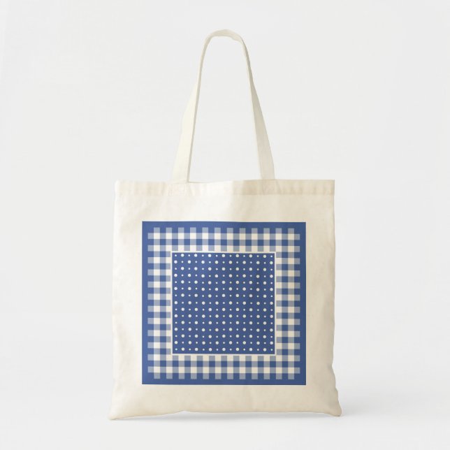 Tote Bag, Dark Blue, White Polka Dots and Checks (Front)