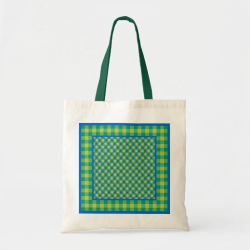 Tote Bag Emerald and Blue Checks and Polka Dots