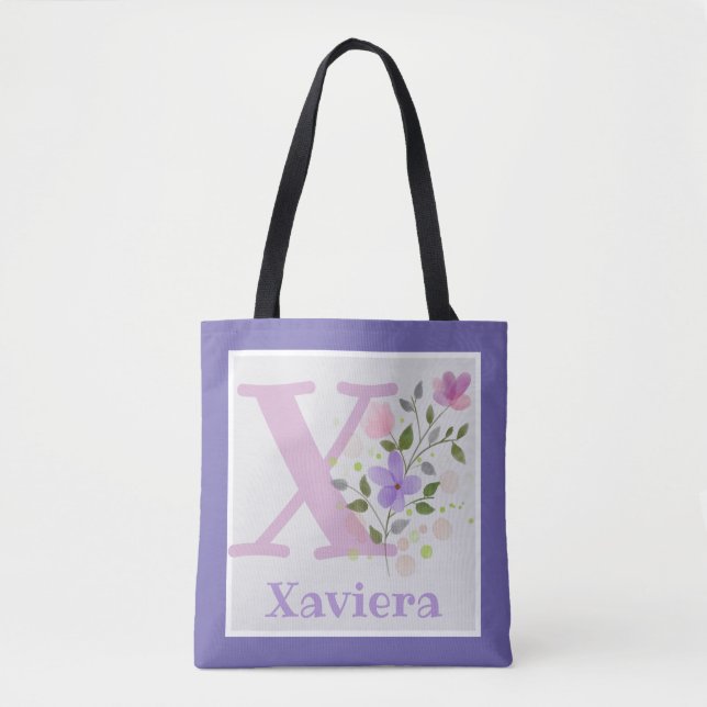 Tote Bag has First Initial Plus Name with Flowers (Front)