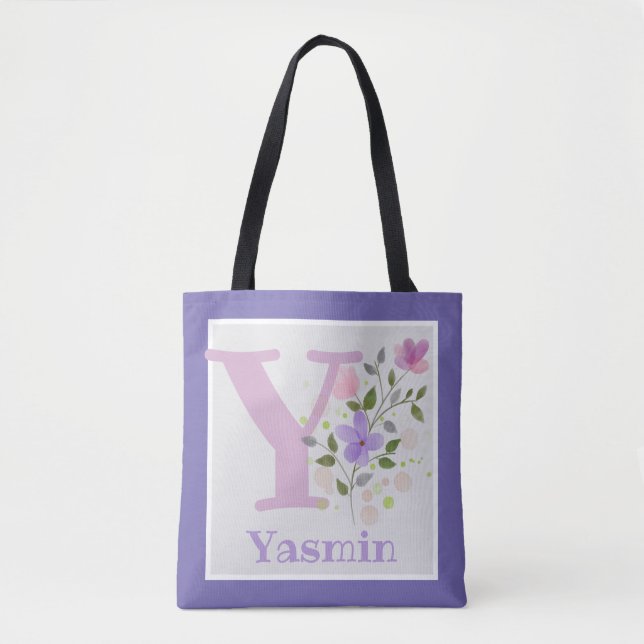 Tote Bag has First Initial Plus Name with Flowers (Front)