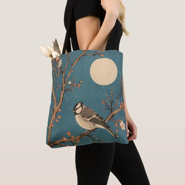 Tote bag - Moonlit Bird on Blossom Branch (Close Up)