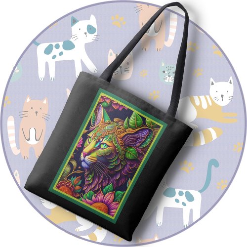 TOTE BAG _ Ornate  Colorful Cat Image  Black