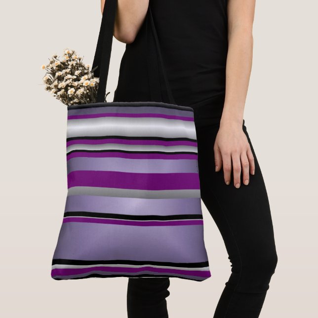 Tote Bag Purple Gray Black White Stripe Pattern (Close Up)
