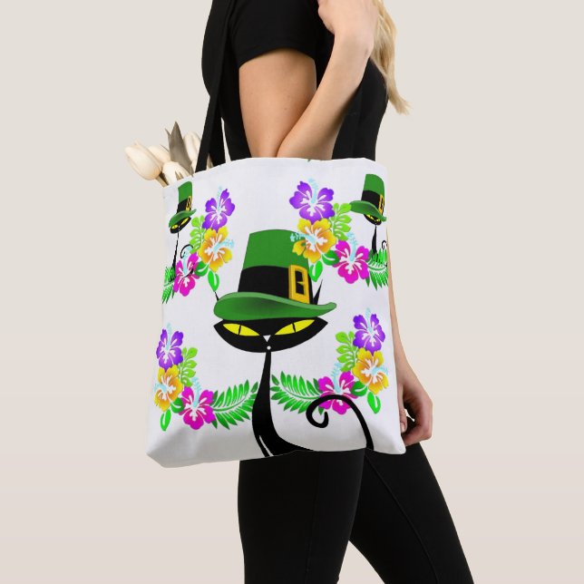 Tote Bag Saint Patrick's Day Cat Floral (Close Up)
