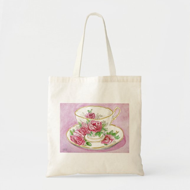 Tote Bag - Teacup & Saucer - Floral Pink Roses (Front)