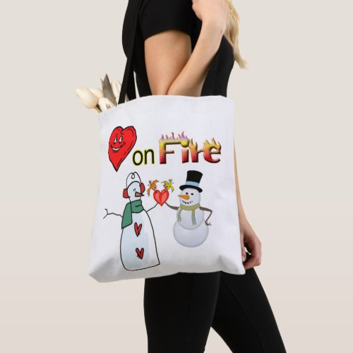 Tote bag Valentines day hearts on Fire Snowman 