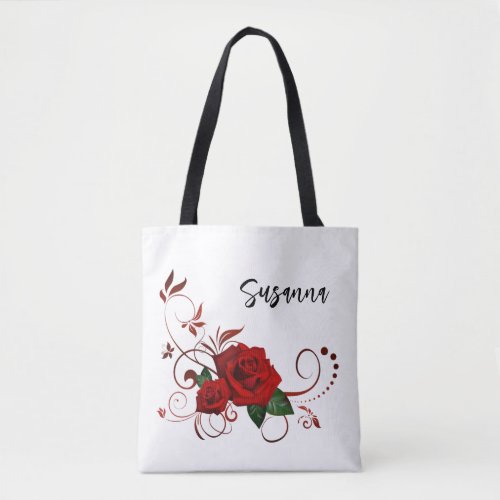 Tote Bag, White Beautiful Classic Red Rose Floral  Bag
