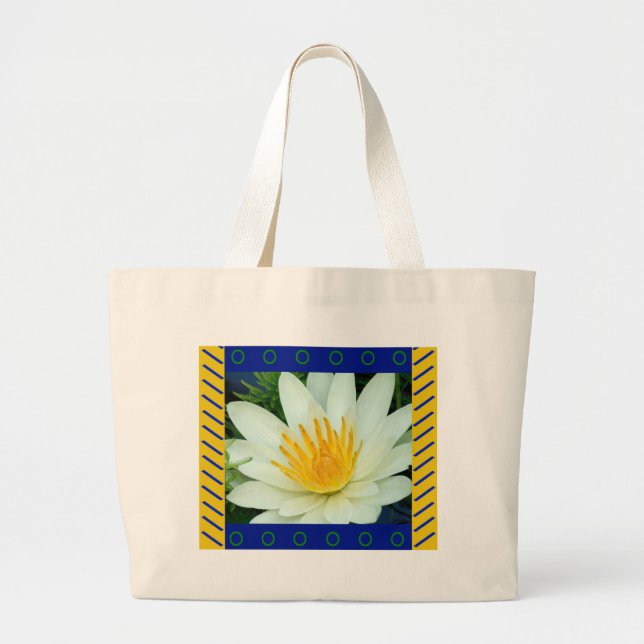 Tote Bag :: White Water Lily with artistic border (Front)