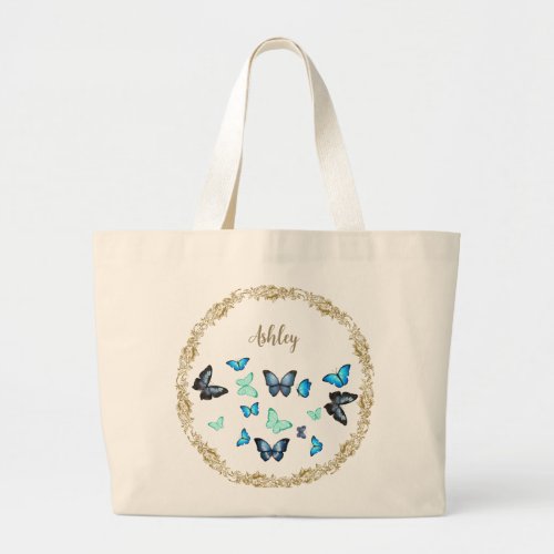 Tote Bag with Blue Butterflies  Floral design