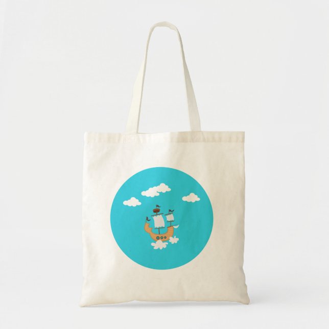 Tote Bag with Boat Pattern, Blue Sea, Peaceful  (Front)