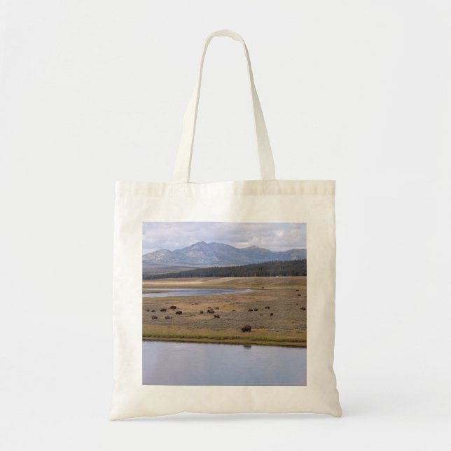 Tote bag with photo of bison, mountains & lake (Front)