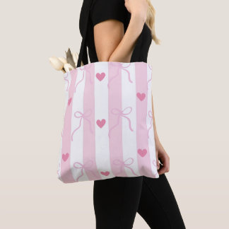 Tote bag with pink bows and pink stripes