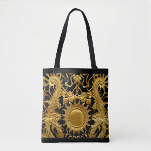 Tote Grocery Shopping Bag Black Gold Sun Dragon