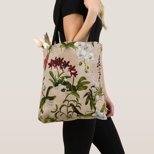 Tote - Orchid Pattern in Beige Bag (Close Up)