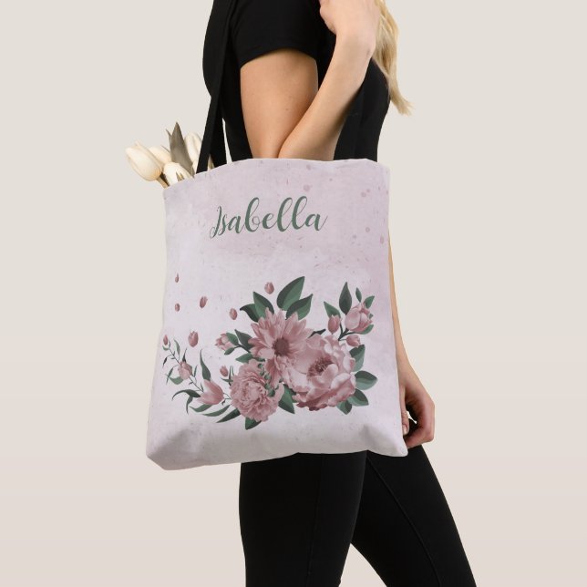 Tote romantic pink flowers & green leaves bag (Close Up)