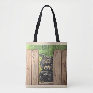 Tote with cute dog peeking between fence slats bag