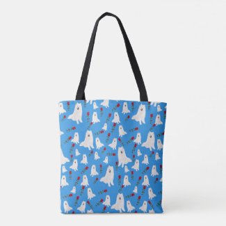 Tote with Samoyeds on Sky Blue.