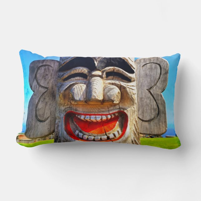 Totem Wood Laughing Teeth Face Tribal Photo Bold Lumbar Pillow (Front)