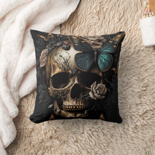 Totenkopf and Butterfly Design Throw Pillow