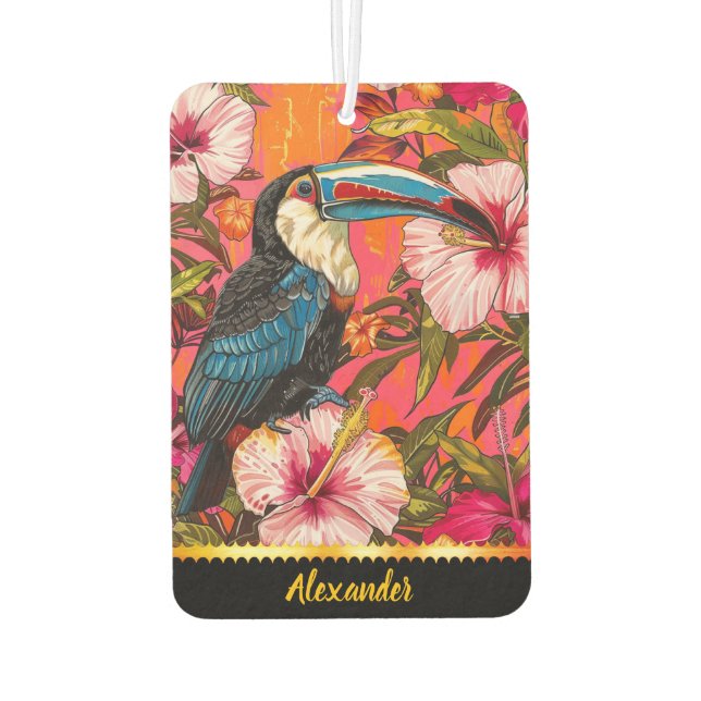 Toucan among tropical hibiscus flowers air freshener (Back)