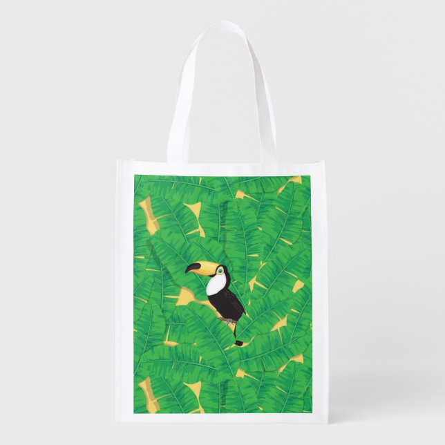 Toucan and banana leaves reusable grocery bag (Front)