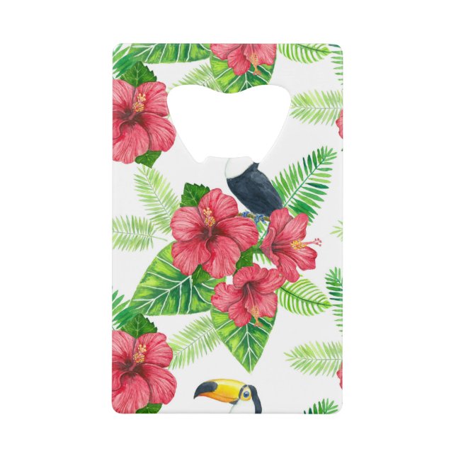 Toucan and tropical bouquet credit card bottle opener (Front)