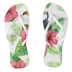 Toucan and tropical bouquet flip flops